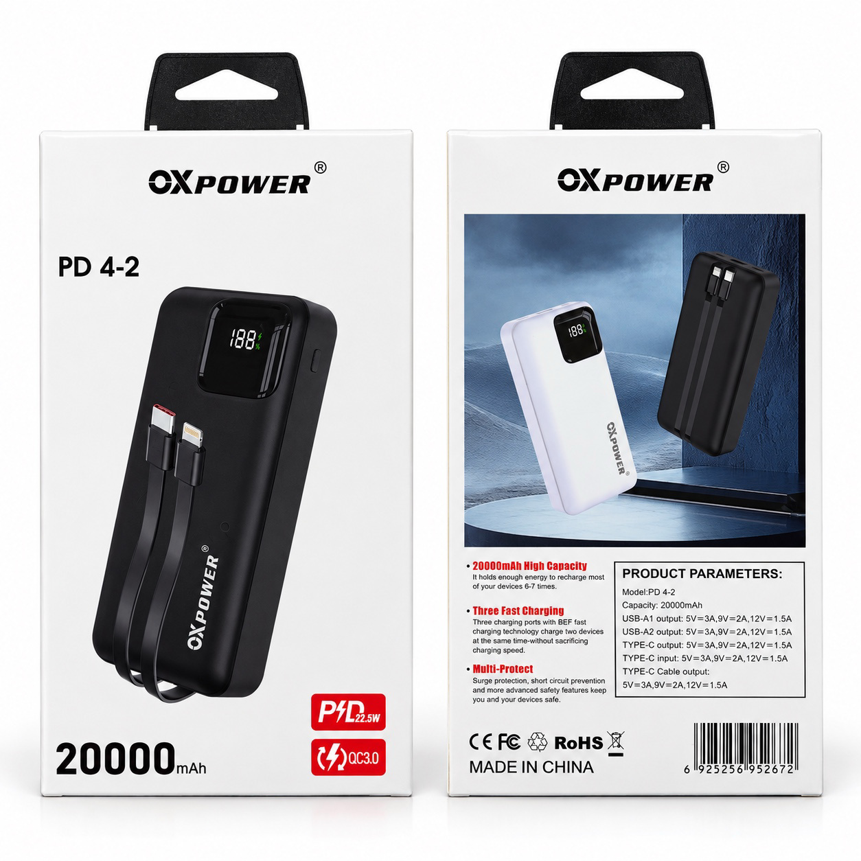 PD4-2 20.000mAh KENDİNDEN KABLOLU POWERBANK