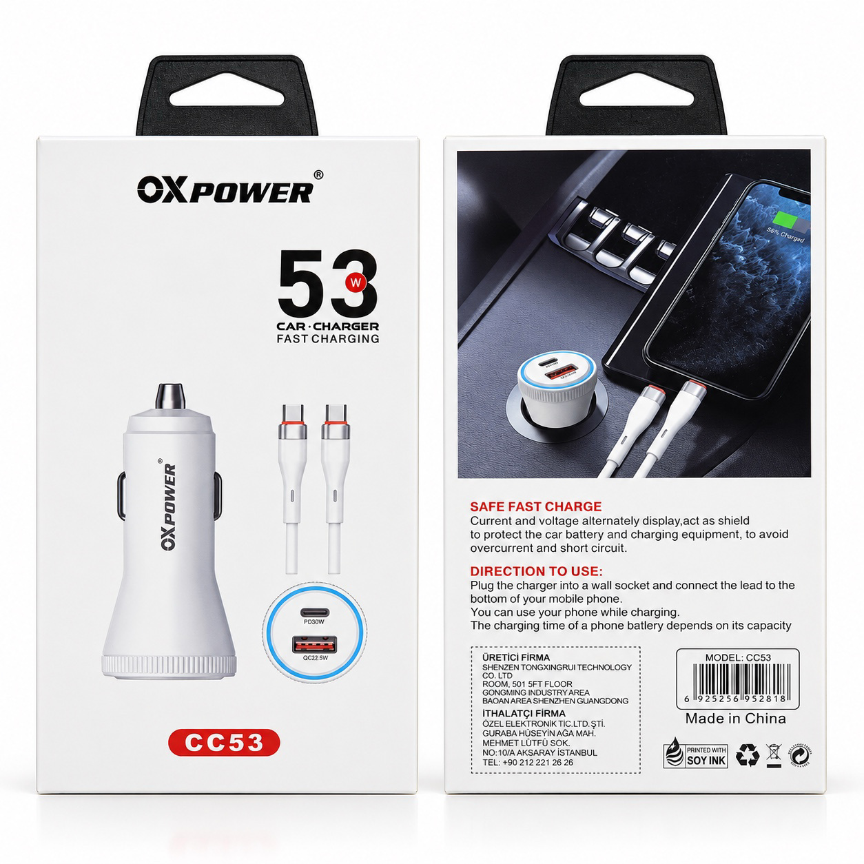 OX-CC53 53W USB+PD BAŞLIK+PD-PD KABLO TAKIM BEYAZ